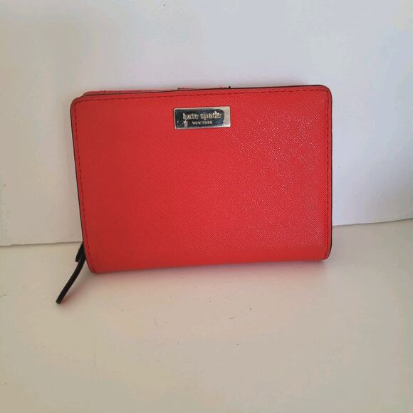 Kate Spade Laurel Way Neda Wallet Geniue Leather Zip Red Medium Compact Bifold - Picture 1 of 13